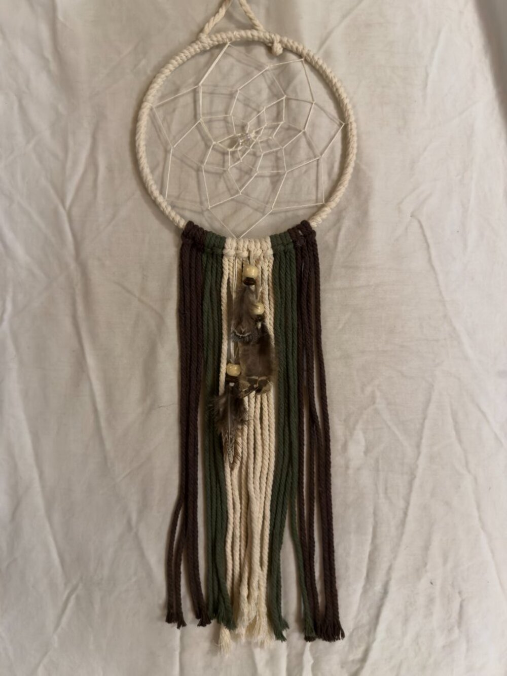 6" Wrapped Round Ring Boho Macrame White Green Brown Dreamcatcher Real Feathers
